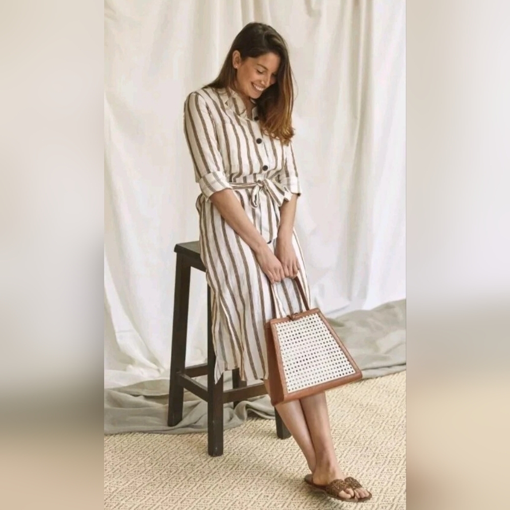 Zara NWOT Striped Linen Belted Shirt Dress With Pockets Sz M Brown & Off White